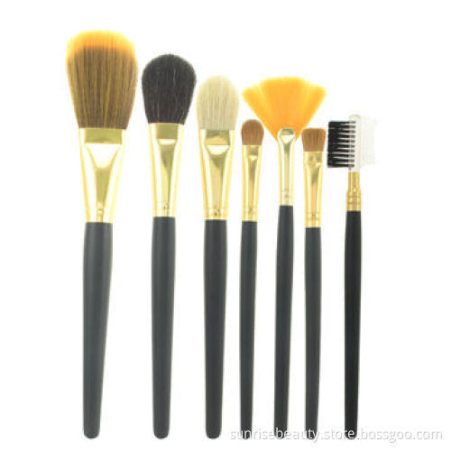 7 Pieces Professional Hot-sale Mini Travel Makeup Brush Kit with Black Wooden Handle, Gold Ferrule